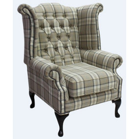 Chesterfield High Back Wing Chair Piazza Square Check Beige Fabric In Queen Anne Style