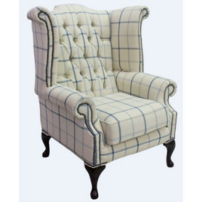 Chesterfield High Back Wing Chair Piazza Square Check Blue Fabric In Queen Anne Style