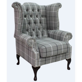 Chesterfield High Back Wing Chair Piazza Square Check Slate Fabric In Queen Anne Style