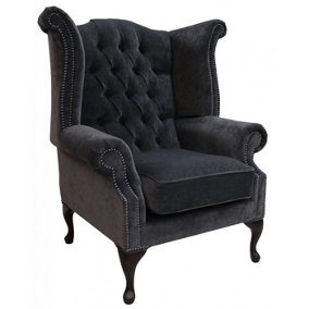 Chesterfield High Back Wing Chair Pimlico Charcoal Fabric In Queen Anne Style