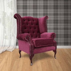 Chesterfield High Back Wing Chair Pimlico Damson Fabric In Queen Anne Style