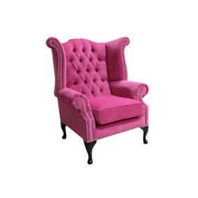 Chesterfield High Back Wing Chair Pimlico Fuchsia Pink Fabric In Queen Anne Style