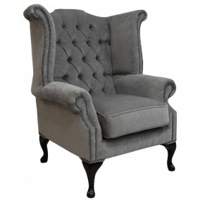 Chesterfield High Back Wing Chair Pimlico Grey Real Fabric In Queen Anne Style