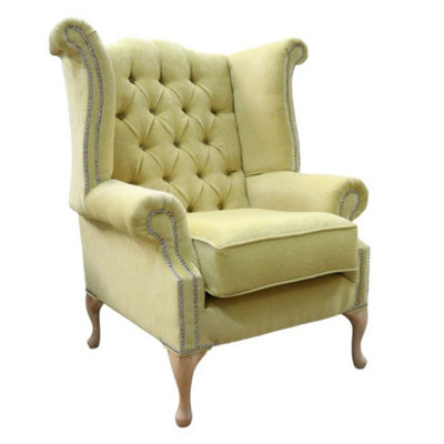 Chesterfield High Back Wing Chair Pimlico Lemon Real Fabric In Queen Anne Style
