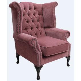 Chesterfield High Back Wing Chair Pimlico Plum Fabric In Queen Anne Style