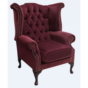 Chesterfield High Back Wing Chair Pimlico Wine Fabric In Queen Anne Style