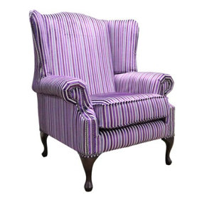Chesterfield High Back Wing Chair Riga Purple Stripe 40 Velvet Fabric In Mallory Style