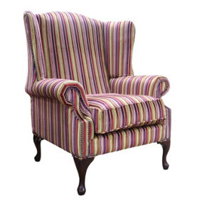 Chesterfield High Back Wing Chair Riga Stripe 08 Velvet Fabric In Mallory Style