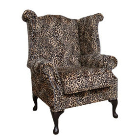 Chesterfield High Back Wing Chair Sand Leopard Animal Print Real Fabric In Queen Anne Style