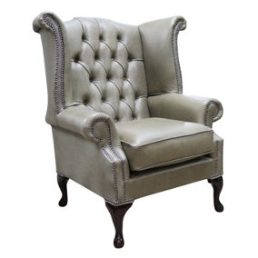 Chesterfield High Back Wing Chair Selvaggio Sage Green Leather In Queen Anne Style