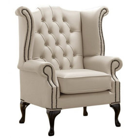 Chesterfield High Back Wing Chair Shelly Beige Leather Bespoke In Queen Anne Style