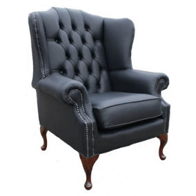 Chesterfield High Back Wing Chair Shelly Black Leather Bespoke In Mallory Style
