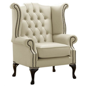 Chesterfield High Back Wing Chair Shelly Cream Leather Bespoke In Queen Anne Style