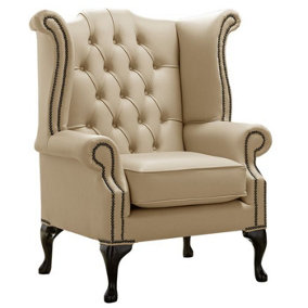 Chesterfield High Back Wing Chair Shelly Dark Beige Leather In Queen Anne Style