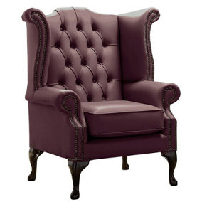 Chesterfield High Back Wing Chair Shelly Dark Grape Leather Bespoke In Queen Anne Style