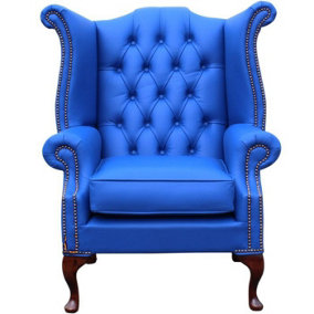 Chesterfield High Back Wing Chair Shelly Deep Ultramarine Blue Real Leather Bespoke In Queen Anne Style
