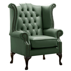 Chesterfield High Back Wing Chair Shelly Forest Green Leather Bespoke In Queen Anne Style