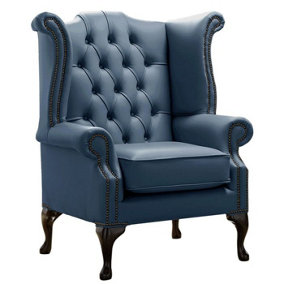 Chesterfield High Back Wing Chair Shelly Majolica Blue Leather Bespoke In Queen Anne Style