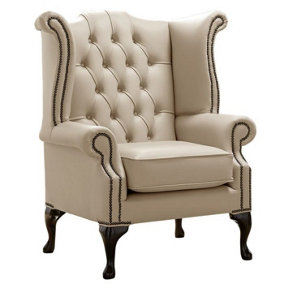 Chesterfield High Back Wing Chair Shelly Pebble Leather Bespoke In Queen Anne Style