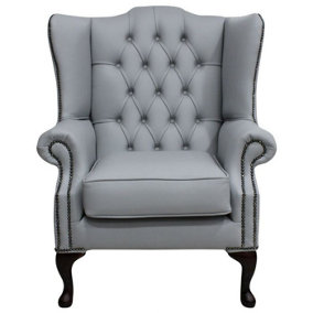Chesterfield High Back Wing Chair Shelly Silver Grey Leather Bespoke In Mallory Style