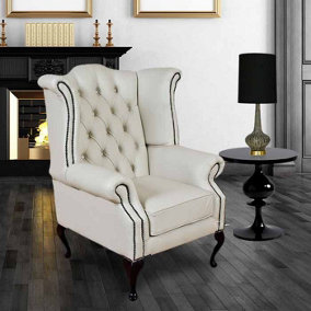 Chesterfield High Back Wing Chair Shelly White Real Leather Bespoke In Queen Anne Style