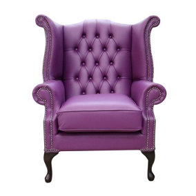 Chesterfield High Back Wing Chair Shelly Wineberry Purple Real Leather Bespoke In Queen Anne Style