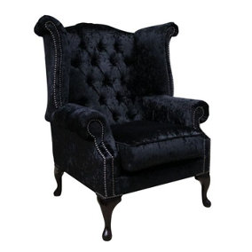 Chesterfield High Back Wing Chair Shimmer Black Real Velvet Bespoke In Queen Anne Style