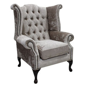 Chesterfield High Back Wing Chair Shimmer Mink Velvet In Queen Anne Style