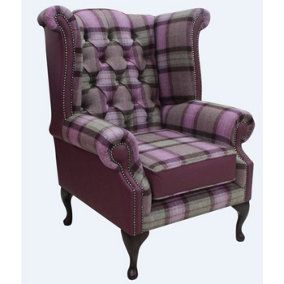 Chesterfield High Back Wing Chair Skye Amethyst Leather Wool Tweed Check In Queen Anne Style