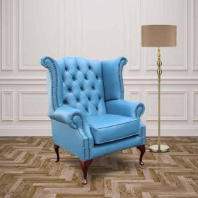 Chesterfield High Back Wing Chair Soft Vele Cambridge Blue Leather In Queen Anne Style