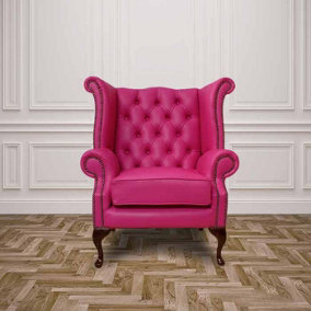 Chesterfield High Back Wing Chair Vele Fuchsia Pink Leather Bespoke In Queen Anne Style
