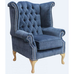 Chesterfield High Back Wing Chair Velluto Blue Fabric Yew Feet In Queen Anne Style