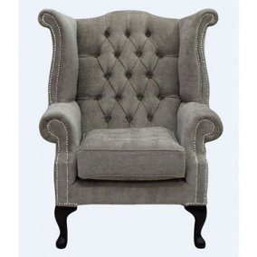 Chesterfield High Back Wing Chair Velluto Fudge Fabric In Queen Anne Style