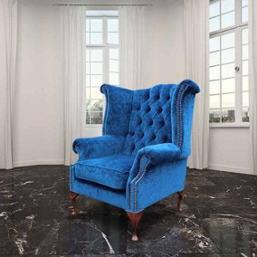 Chesterfield High Back Wing Chair Velluto Royal Blue Fabric In Queen Anne Style