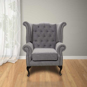 Chesterfield High Back Wing Chair Verity Plain Steel Fabric In Queen Anne Style