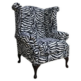 Chesterfield High Back Wing Chair Zebra Animal Print Fabric In Queen Anne Style