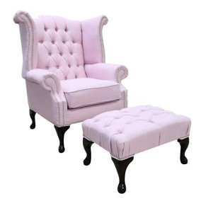 Chesterfield Linen Queen Anne High Back Wing Chair + Footstool Charles Pink Fabric