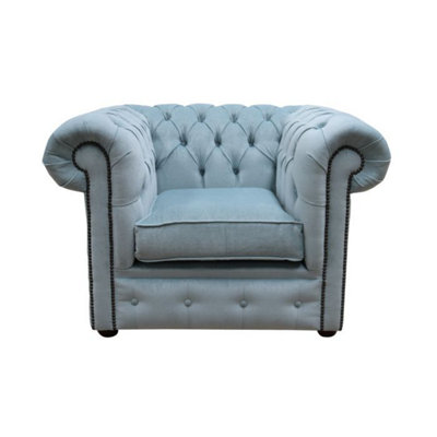 Chesterfield Low Back Club ArmChair Velluto Duck Egg Blue Real Fabric In Classic Style