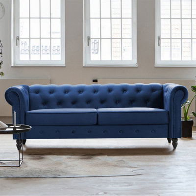 Chesterfield Navy Velvet 3 Seater Sofa