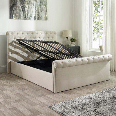 Chesterfield Ottoman Storage Bed in Natural Linen, size Double