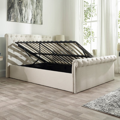 Chesterfield Ottoman Storage Bed in Natural Linen, size Double