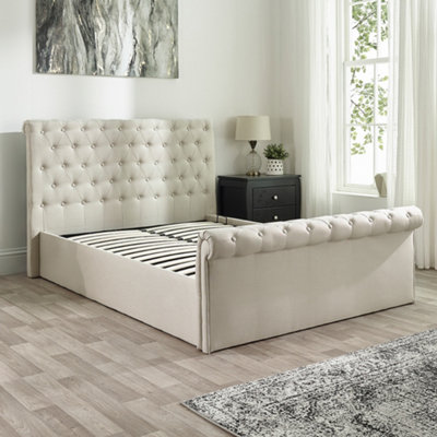Chesterfield Ottoman Storage Bed in Natural Linen, size Superking