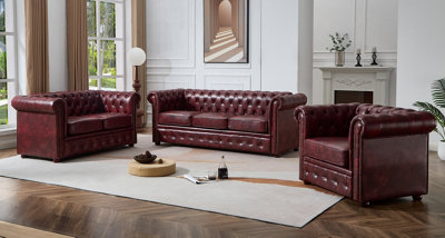 CHESTERFIELD OX RED FAUX LEATHER SOFA SET SUITES SETTEE 3 2 1 SEATER ...
