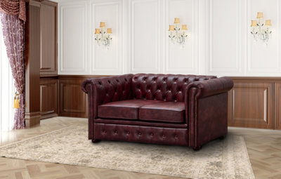 CHESTERFIELD OX RED FAUX LEATHER SOFA SET SUITES SETTEE TWIN TWO