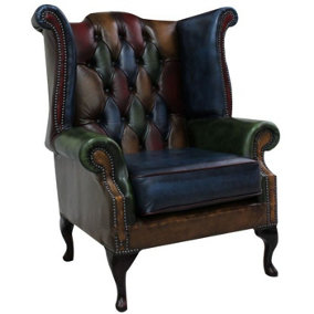 Chesterfield Patchwork High Back Wing Chair Antique Real Leather In Queen Anne Style