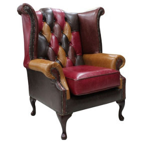 Chesterfield Patchwork High Back Wing Chair Old English Real Leather In Queen Anne Style