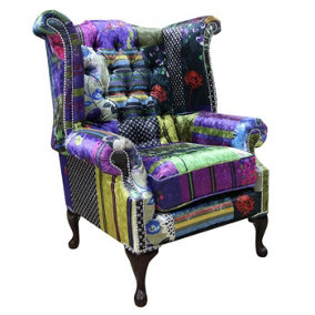 Chesterfield Patchwork Wing Chair London Multi Real Velvet In Queen Anne Style