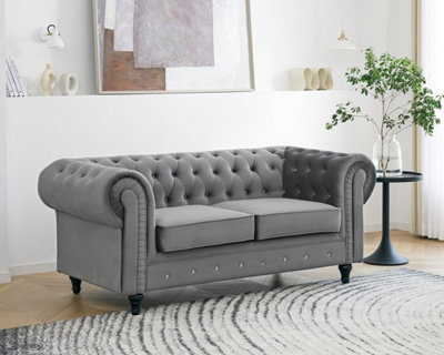 Chesterfield Pleat Velvet Fabric 2 Seater Sofa, Grey Velvet | DIY at B&Q