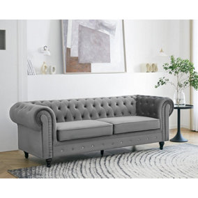 Chesterfield Pleat Velvet Fabric 3 Seater Sofa, Grey