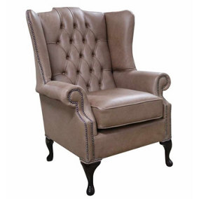 Chesterfield Prince's Flat High Back Wing Chair Selvaggio Beaver Brown Leather In Mallory Style